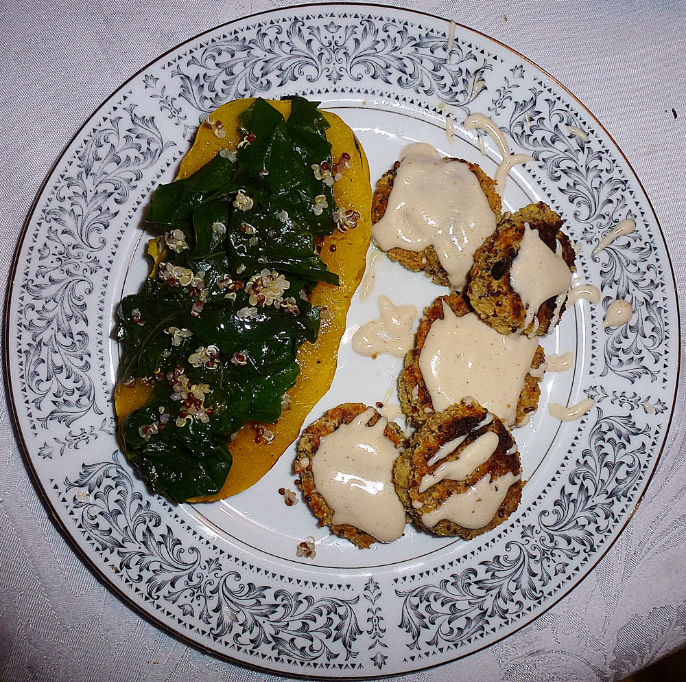 Lemon Tahini Zesty Tofu Quinoa Burgers with Stuffed Delicata&nbsp;Squash