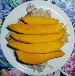 coconut pancake with mango slices