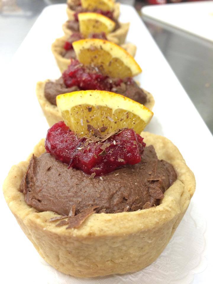 chocolate orange tart with cranberry sauce