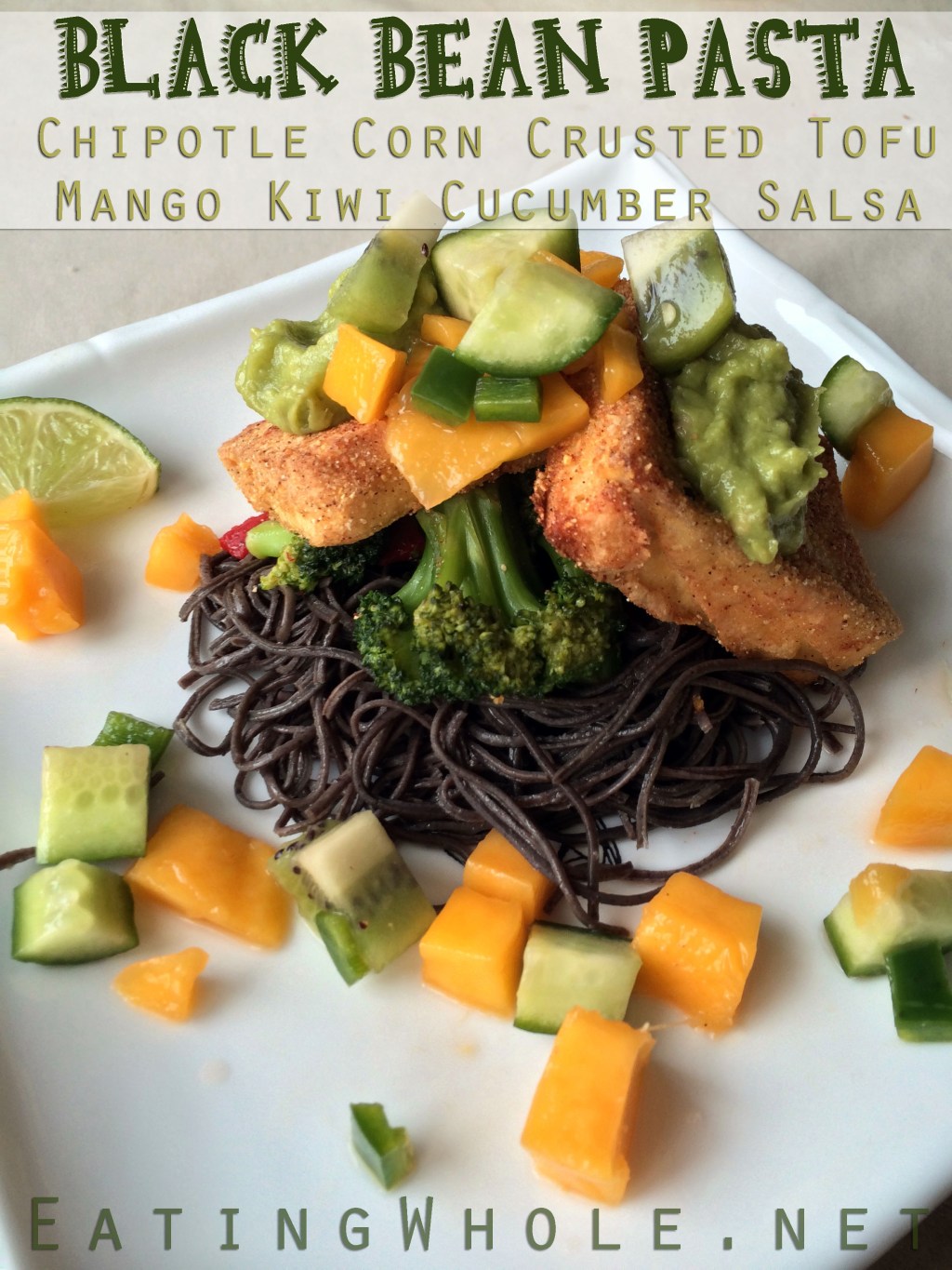 Black Bean Pasta, Chipotle Corn Crusted Tofu, Topped with Mango, Kiwi, Cucumber&nbsp;Salsa